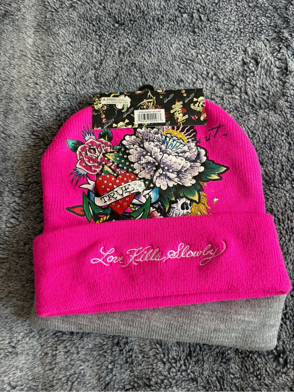 Ed Hardy Hot Pink Floral 'Love Kills Slowly' Knit Beanie for Kids